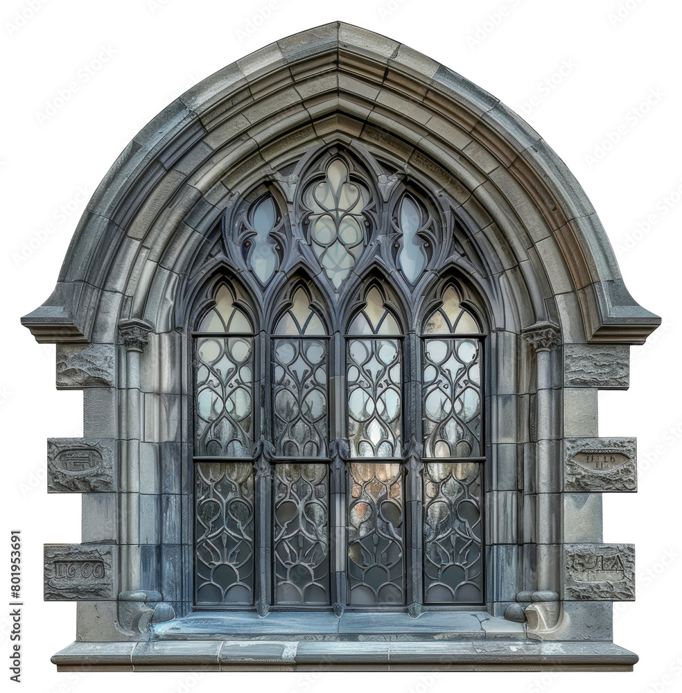 Gothic stone arch window, cut out - stock png.