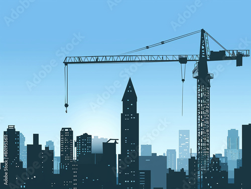 Silhouette of a tower crane on a bustling construction site, super realistic
