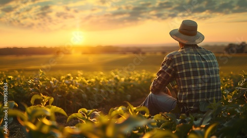 a farmer’s relaxed moment enjoying the sunset on a smart farm, surrounded by the results of innovative farming