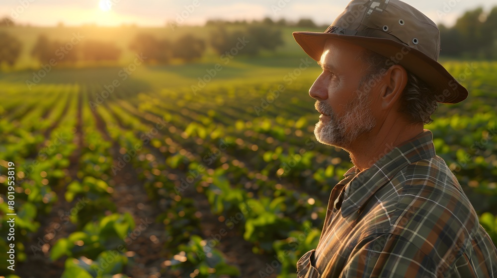 Smiling farmer in a straw hat stands in a summery field