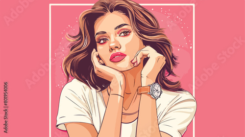 Woman with stylish wristwatches and frame on pink background