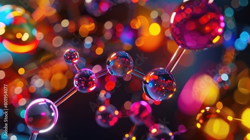 colorful molecular model with glowing connections and transparent spheres against a bokeh background.