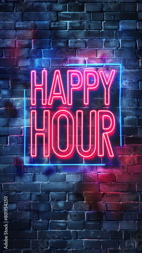 Glowing 'HAPPY HOUR' Neon Sign on Dark Brick Background