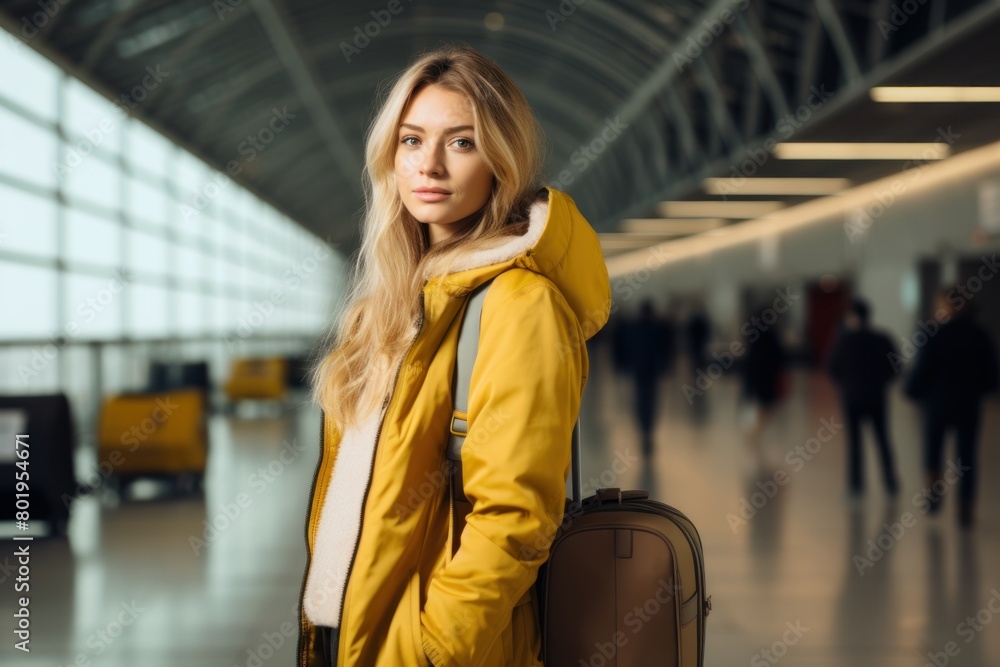 Fototapeta premium Female traveler in yellow jacket at airport terminal with luggage . Travel and transportation