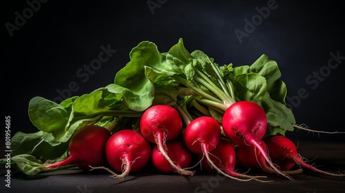 Macro photography of a bunch of radishes, showcasing their vibrant red color and smooth surface on a dark backdrop