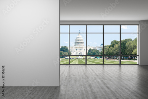 Empty room Interior View to Capitol Dome Cityscape Washington City Skyline Window background. Beautiful Real Estate. White mockup wall. Day time. 3d rendering.