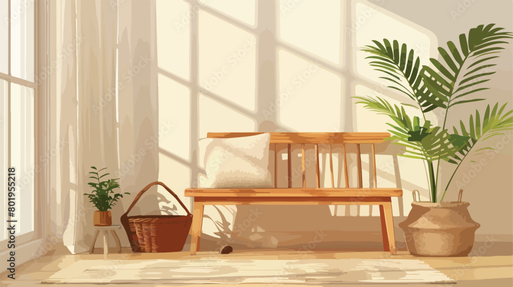 Wooden bench with basket and houseplant in interior 
