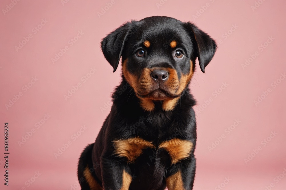 Rottweiler puppy looking at camera, copy space. Studio shot. Rottweiler puppy looking at camera, copy space. Studio shot.