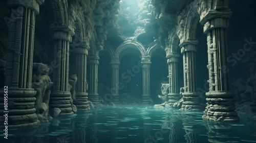 Parts of ancient architecture stand under water.