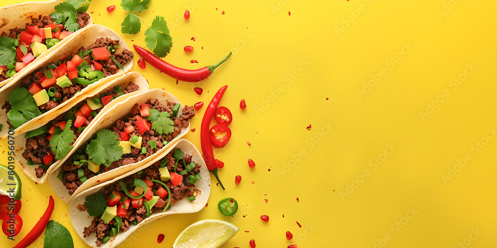 Mexican tacos on a yellow background with vegetables and chili. Flat lay banner template design for advertising cafes, fast food, restaurants and menus. Copyspace