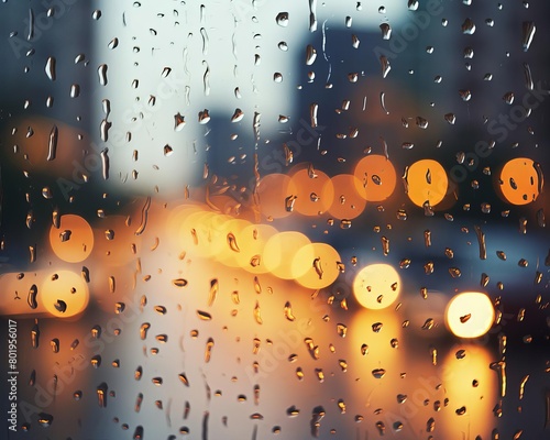 Raindrops on a window with a blurred cityscape background, creating a mood of reflection and urban life
