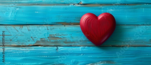 Red Heart on Rustic Blue Wooden Background, Love Concept photo
