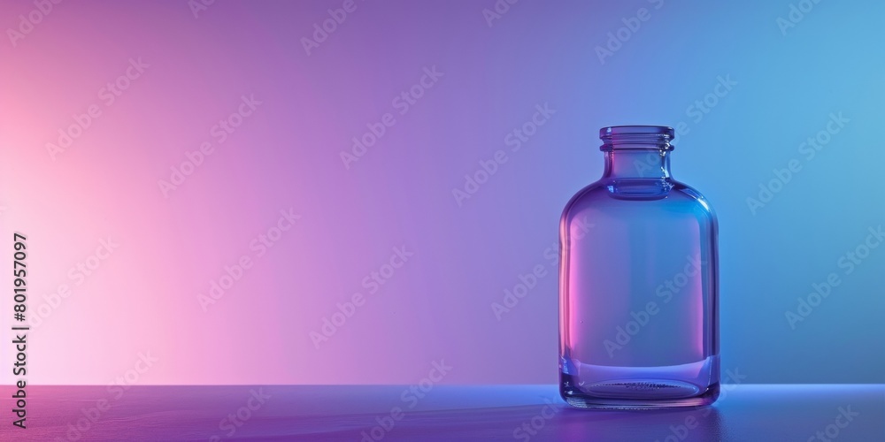 The background is completely mix Blue and Purple with no texture and the a small bottle is in the right hand side The background is completely mix Blue and Purple with no texture and the a small bottle is in the right hand side
