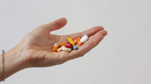 Hand on a white background, many different pills in hand, Generative AI