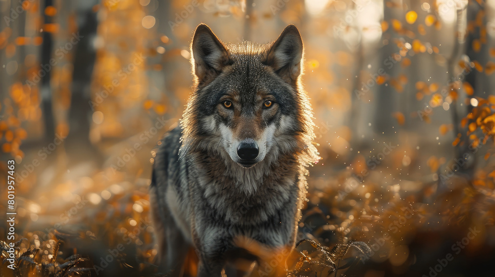 Portrait of a wolf standing in a foggy forest with sunlight shining through the trees in the morning Portrait of a wolf standing in a foggy forest with sunlight shining through the trees in the morning