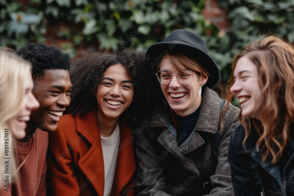 Group of multiethnic young people laughing and looking at camera outdoors