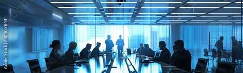 Several people are sitting at a long table in a conference room. Business background 