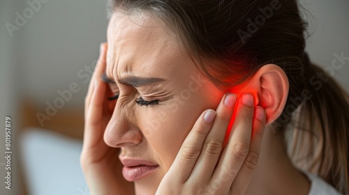 Symptom Illustration: Person Grimacing, Holding Ear with Earache or Discomfort Indicating Ear Infection, for medical-related article, for healthcare campaign photo