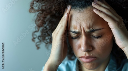 Depicting Dizziness: Person with Furrowed Brow, Holding Hand to Forehead, Illustrating Health Issues, for Health Related Article, For medical presentation, for medical blog photo