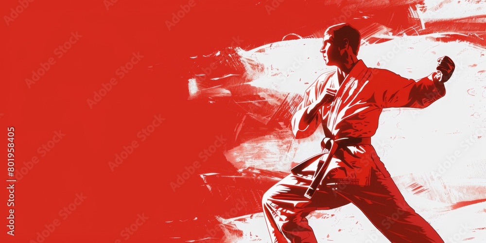 The background is completely mix red and White with no texture and the Karate is in the right hand side The background is completely mix red and White with no texture and the Karate is in the right hand side