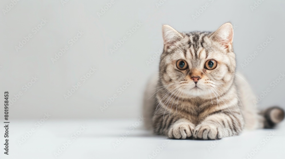 Same adorable Scottish Fold, new whimsical pose, its curious eyes telling stories, against white simplicity, by AI Generative.