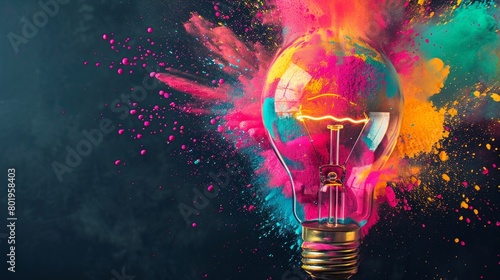 Creative exploding light bulb with colorful powder, AI Generative.