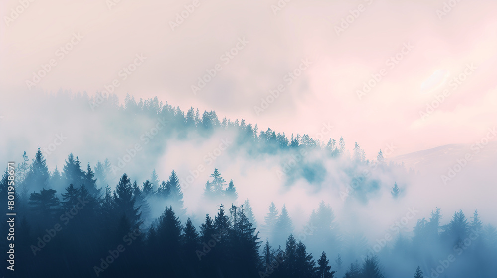 Forest at dawn. pine trees, soft fog, an early morning in the woods. Forest at dawn. pine trees, soft fog, an early morning in the woods.