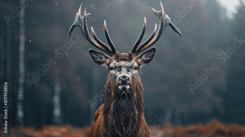 Portrait of a majestic stag in a foggy forest on a cold morning © boxstock production