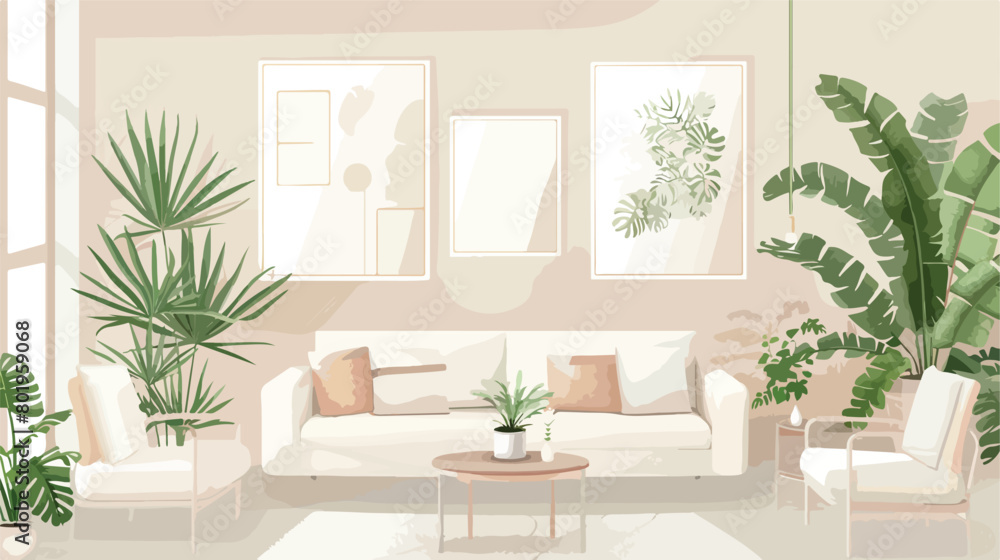 Interior of light living room with cozy white sofa co
