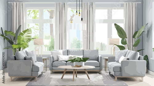 Interior of light living room with cozy grey sofas an