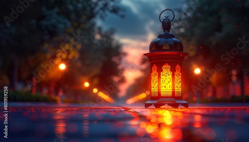  A lit lantern on an evening background. © Saad