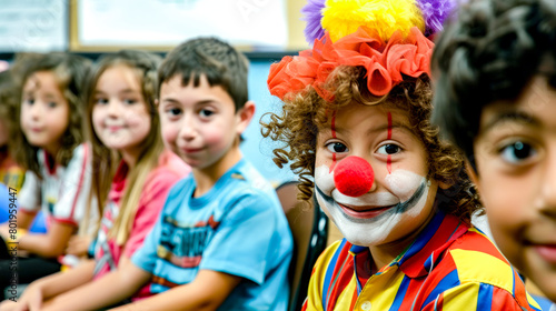 Group of children with clown makeup and clown wigs sitting next to each other.
