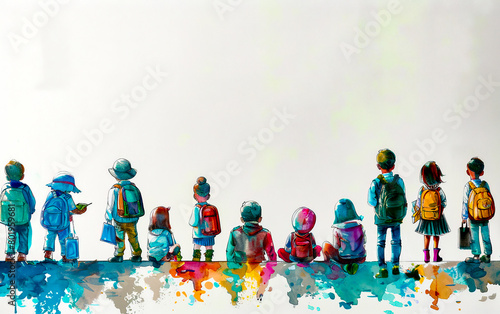 Group of children standing next to each other in front of white wall.