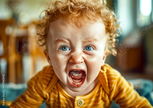 Very cute small child with big surprised look on his face and mouth.