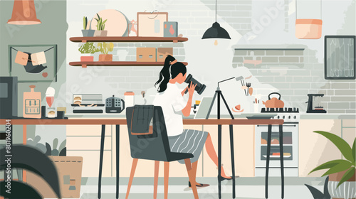 Workplace of food blogger with modern camera Vector illustration