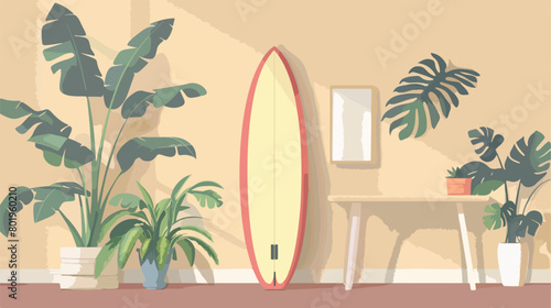 Workplace with houseplants and surfboard near light white