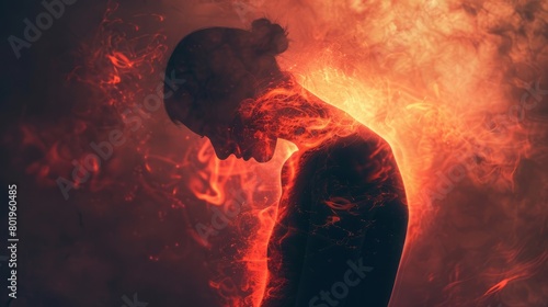 Heartache Agony: Silhouette Bent in Pain, Radiating Vibrant Red Aura from Chest, heart attack photo