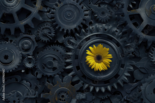 A yellow gerbera flower positioned amidst machinery cogs.