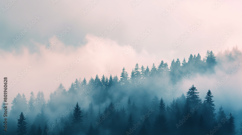 Forest at dawn. pine trees, soft fog, an early morning in the woods. Forest at dawn. pine trees, soft fog, an early morning in the woods.