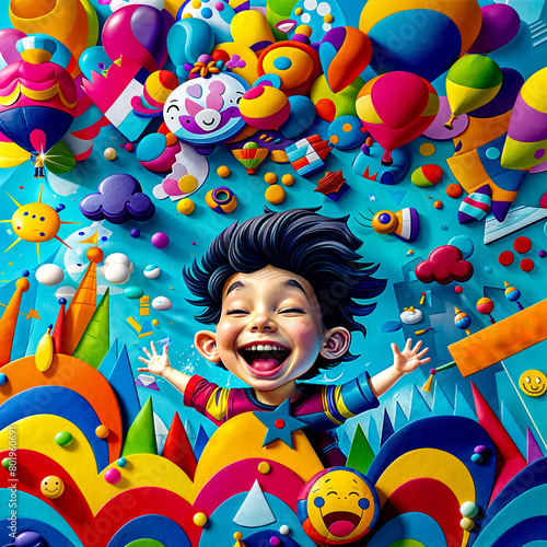 Painting of young boy surrounded by balloons and other things that are floating in the air.