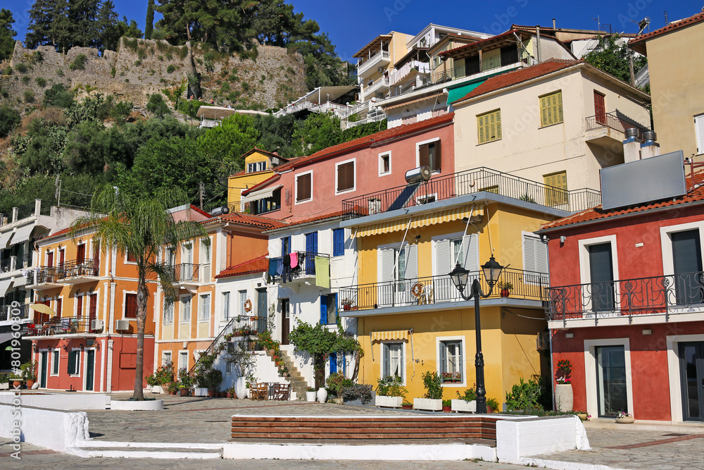 Street with old colorful buildings in Parga Greece