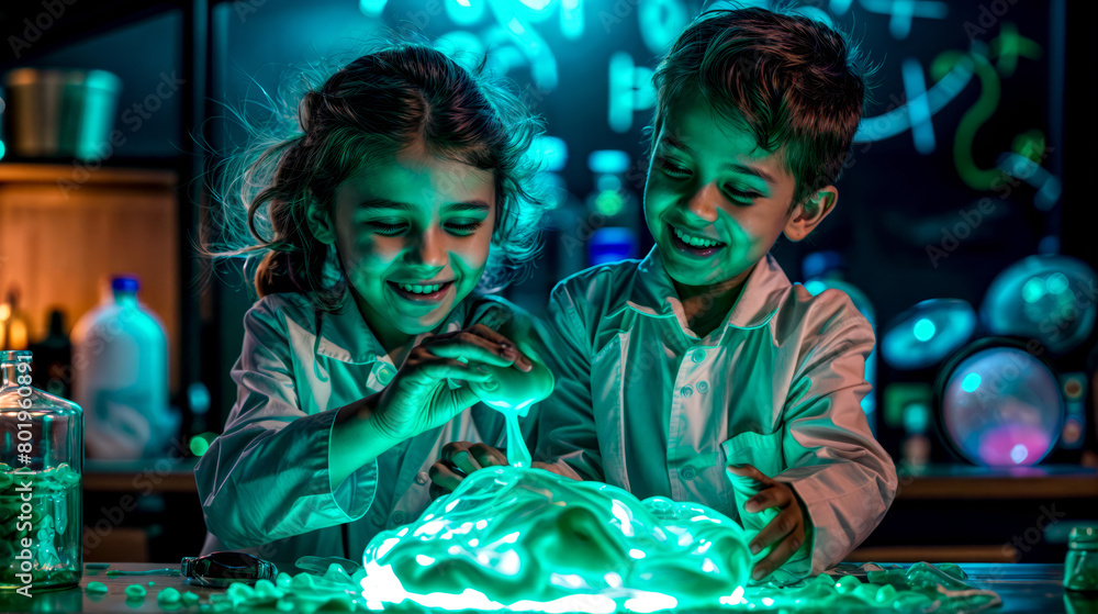 Couple of kids that are standing in front of cake with green lights.