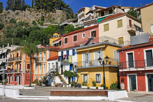 Street with old colorful buildings in Parga Greece photo