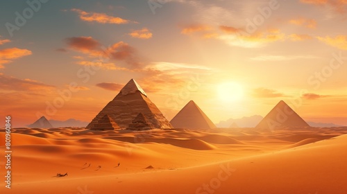 Pyramids at sunset in Egypt. Fantasy Egyptian landscape  fiction view. Scenery of desert.