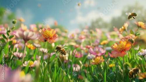  A peaceful meadow blanketed with blooming flowers and buzzing bees  symbolizing the delicate balance of ecosystems on Environment Day.
