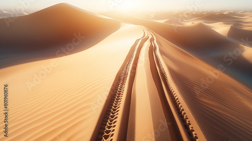 Aerial view of tyre tracks on a desert sand dune