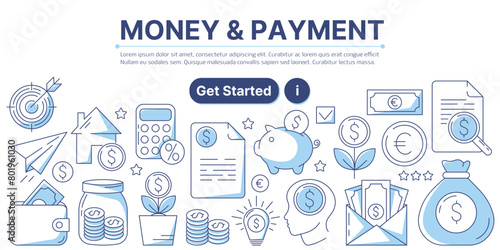 Money and payment, business and finance icons composition. Infographics elements with monetary sign, piggy bank, money bag, calculator. Modern line vector design for web, banner, poster, landing page