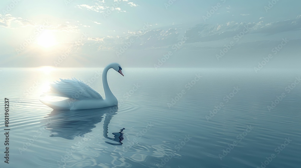 Fototapeta premium A 3D visualization of a smooth lake with a single swan, elegance and peace