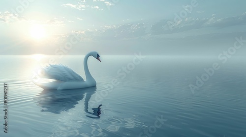 A 3D visualization of a smooth lake with a single swan  elegance and peace