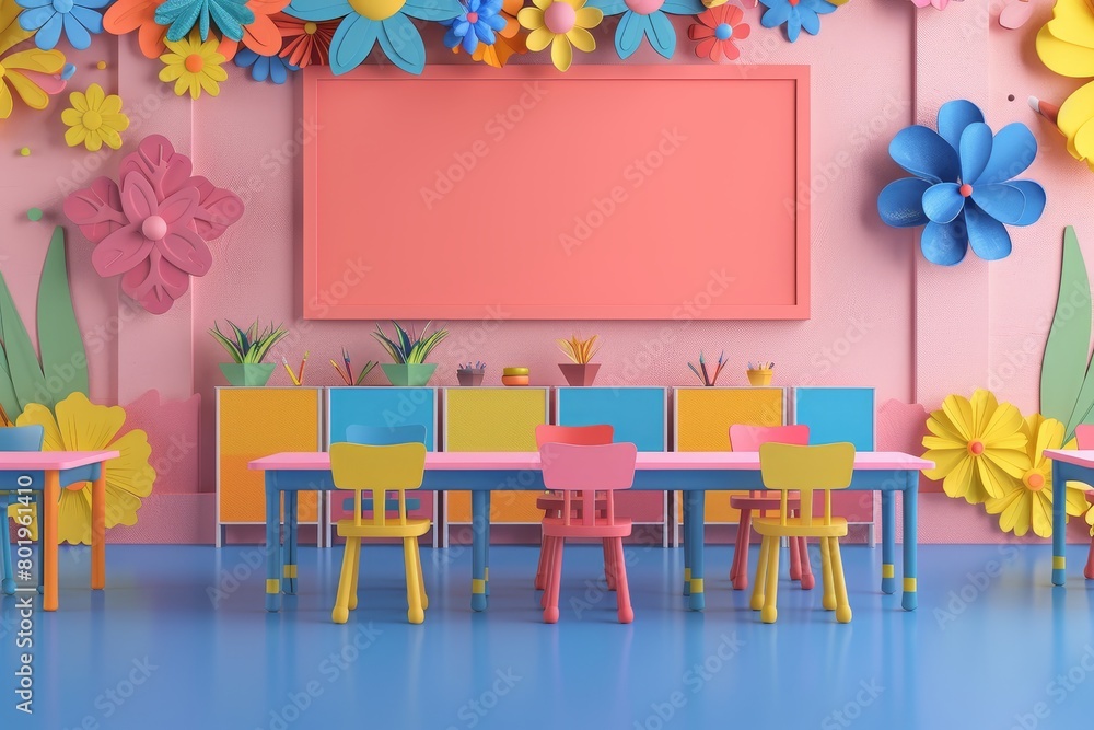 A classroom with a chalkboard and colorful balloons A classroom with a chalkboard and colorful balloons